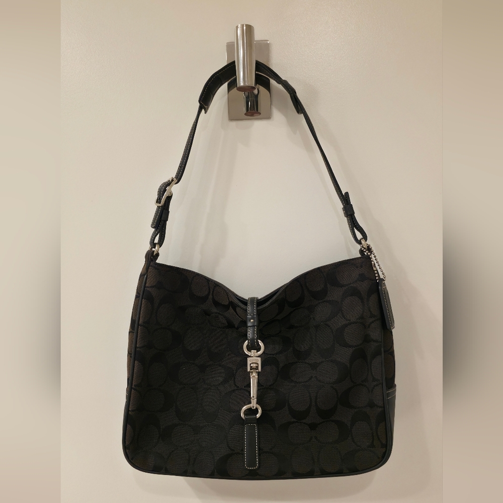 Vintage (2001) Coach Signature C Clip Canvas Leather Trim Shoulder Bag